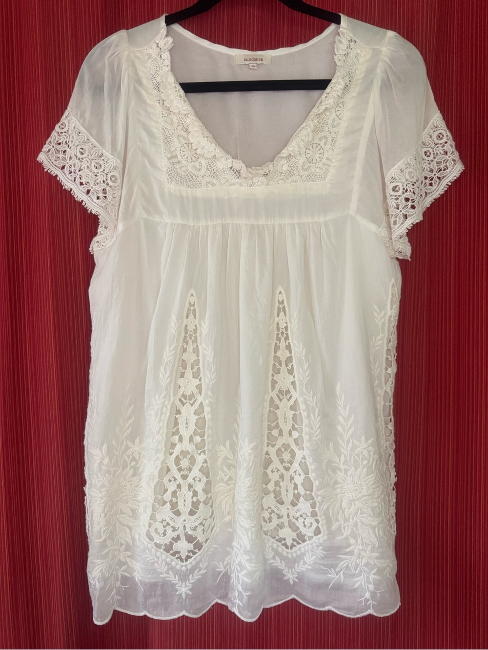 Sundance white/cream lace crochet silk tunic top boho/peasant Women’s Size Med